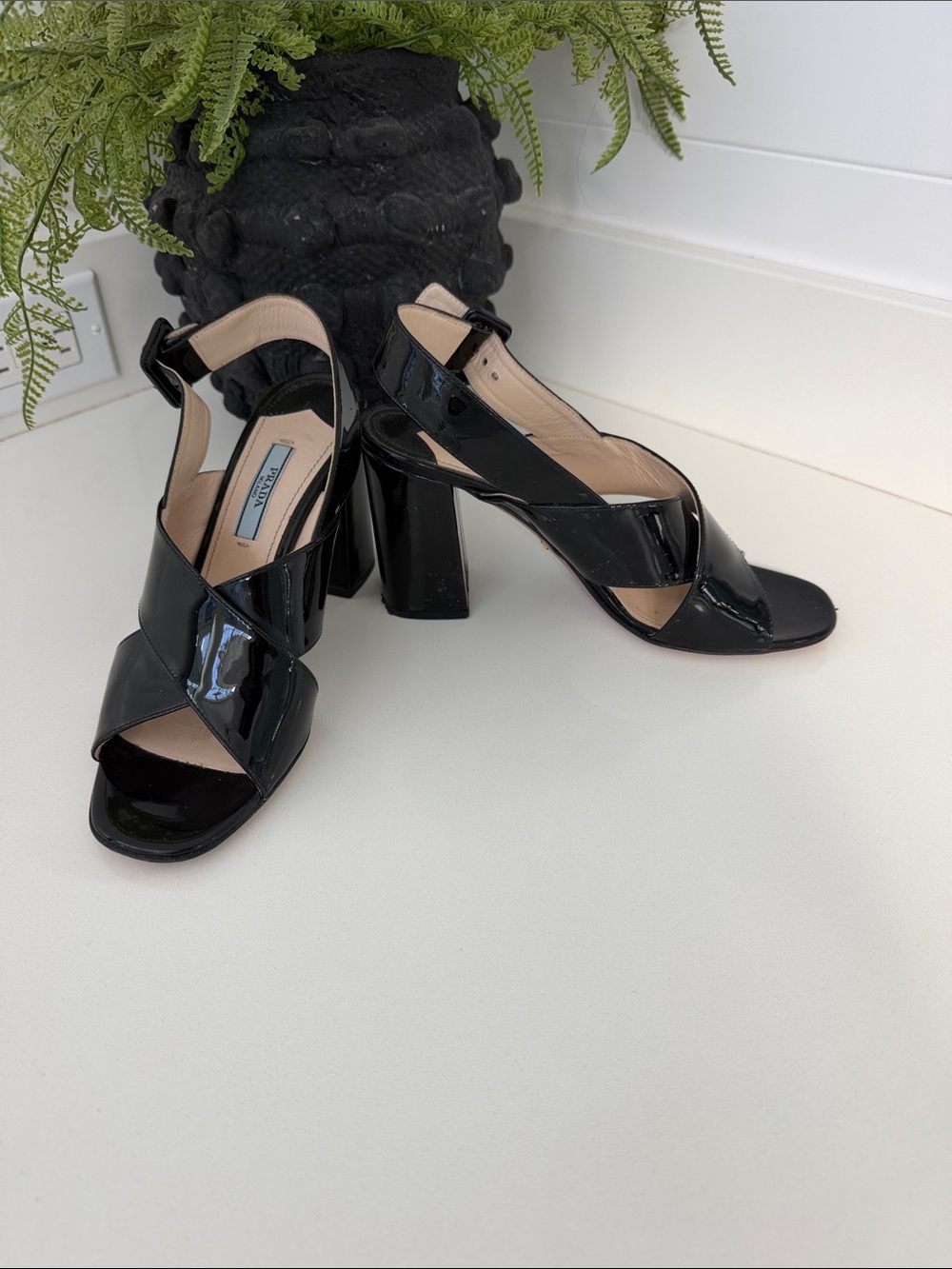 Prada Black Patent Leather Crisscross Block Heel Sandals with Ankle Strap. 37